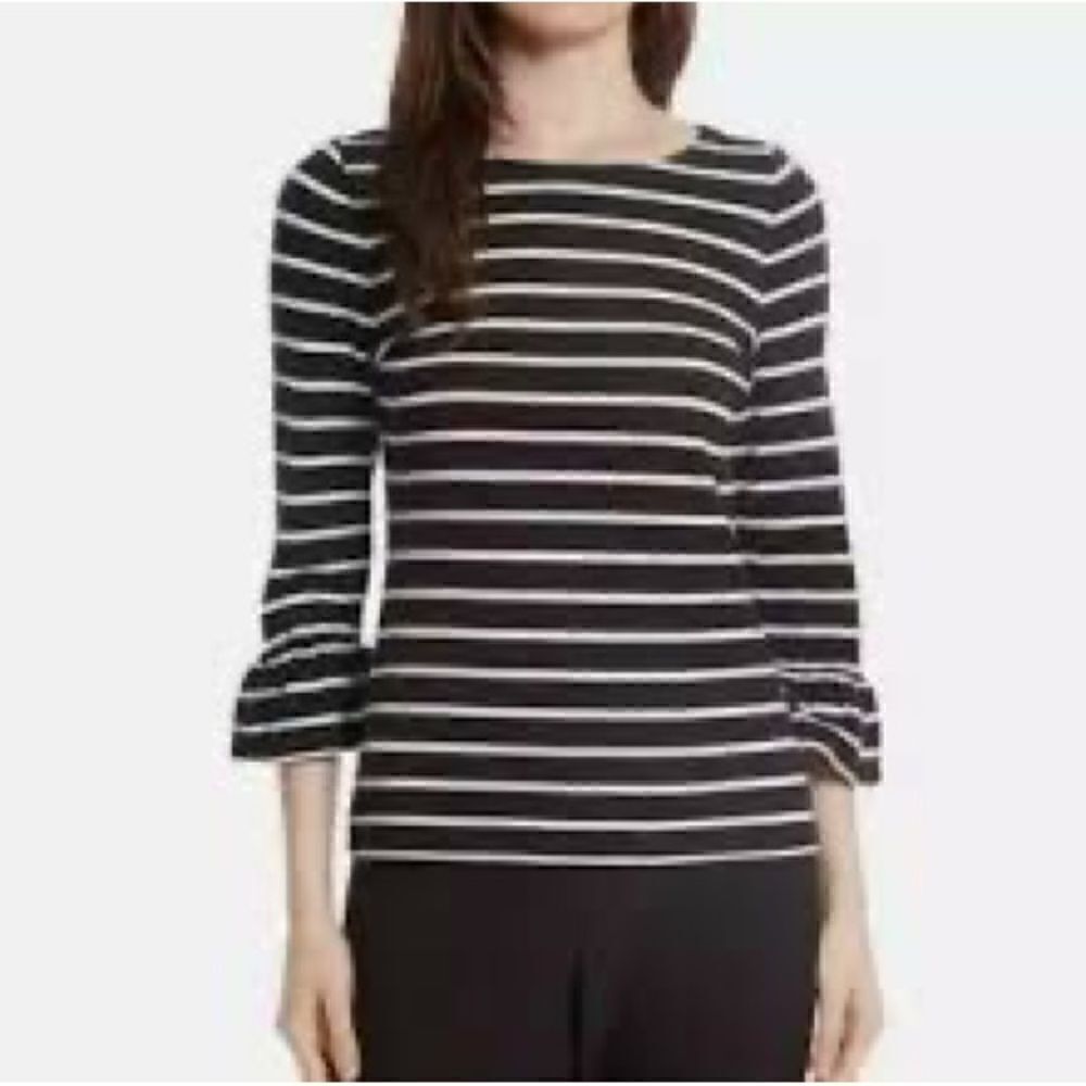 Kate Spade Broome Street Black & White Stripe Cotton Top 3/4 Sleeve with Ruffle.